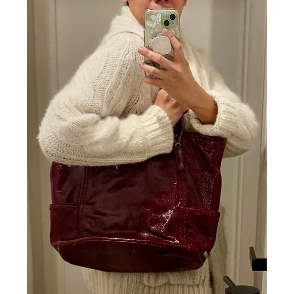 COLE HAAN Dijon Wine Red Patent Leather Side Pocket Totebag 17"L x 6"W x 20"H - Picture 2 of 8